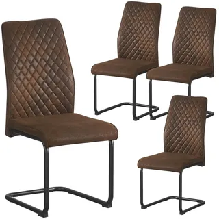 B&D home® Esszimmerstühle Theo 4er-Set – gepolsterte Freischwinger mit Rautensteppung, Wildlederoptik Braun, ergonomische Sitzfläche, schwarzes Metallgestell, Industrial Design für Küche & Esszimmer