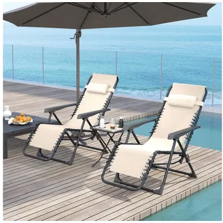 Outsunny Gartenliege Set Klappbar mit Teetisch 2 Stühle Kopfkissen, Outdoor Liege, 3-TLG. Sonnenliege, 1 St., wetterfest Relaxliege, für Garten, Terrasse, 90 x 56 x 110 cm, Beige gelb