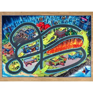 SkippiDoo Straßenteppich – Monster City XL – Spielteppich 200 x 140 cm, Autoteppich mit Breiten Straßen & großen Parkplätzen, Rutschfest - Bunt