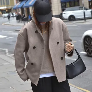 FACULX Damen-Jacke aus Wollmischgewebe, zweireihig, Stehkragen, kurze Jacke, lässig, Herbst, Winter, Oberbekleidung, modisch, Streetwear, Grau, Khaki