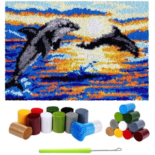 Knüpfteppich Zum Selber knüpfen mit Kissen, Teppich Set mit Werkzeug Knüpfsets Latch Hook Kit für Erwachsene, Knüpfen Teppich Knüpfpackung für Home Decor (Delfin, 69x102cm)