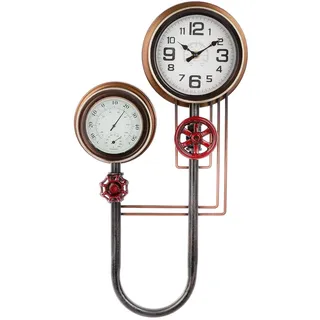 GILDE Industrielle Wanduhr mit Thermometer und Hygrometer, 55 cm Höhe, Metall Schwarz-Kupfer