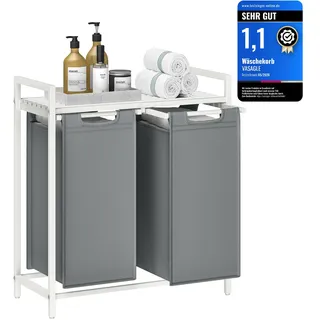VASAGLE Wäschekorb 2 Fächer, mit Ablage, 2 x 46 L, 73 x 72 cm, Schiefergrau Weiß