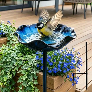 Vogeltränke Blume, Bienentränke Keramik mit Bodensteckdose - Bienentränke Gartenstecker & Insektentränke, Wasserschale und Vogelfutterstelle, Dekorative Keramikblüten Blumenstecker (B)