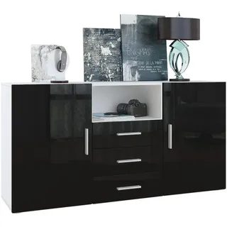Vladon Sideboard, Schwarz Hochglanz, Holzwerkstoff, 138.5x71.5x35 cm, Wohnzimmer, Kommoden & Sideboards, Sideboards
