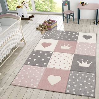 TT Home Kinderteppich Teppich Kinderzimmer Mädchen Kinder 3D Prinzessin Sterne Krone, Farbe: Grau Rosa Creme, Größe:160x230 cm