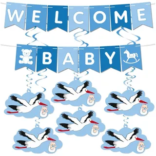 BRUBAKER Girlande Welcome Baby Wimpelkette für Jungen und Mädchen mit Storchanhängern, Willkommensdeko Set für Zuhause, Babyparty und Babyzimmer Dekoration blau