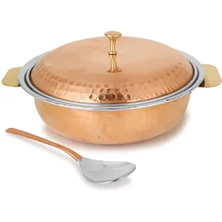 Zap Impex Traditional Indian Serveware Donga Serving Bowl Terrine Hammered Copper with Lid and Spoon