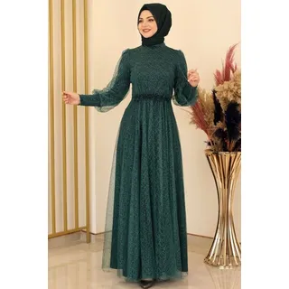 fashionshowcase Abendkleid silbriges Tüllkleid Abiye Abaya Hijab Kleid Maxikleid (SIMLI GAMZE) (ohne Hijab) Hoher Kragen, kein Ausschnitt. grün 44(EU 42)