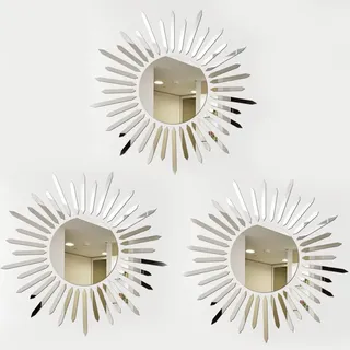 3 Stück Deko Spiegel, 3D Sonne Spiegel Wand Aufkleber, Mirror Wandspiegel, DIY Sonnenschein TV Hintergrund Spiegel Aufkleber, für Küche Schlafzimmer Wohnzimmer Badezimmer Dekor Wohnkultur, Silber