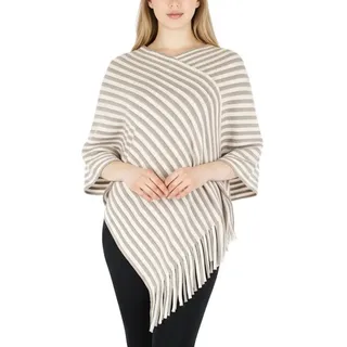 dy_mode Strickponcho Damen Fransenponcho Gestreift Überwurf Cape Poncho Gestrickt mit V-Ausschnitt, mit Fransen beige