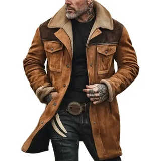 FGRID Herren-Vintage-Jacke aus Wildlederimitat, Plüschkragen Western-Cowboy-Mäntel verdickter Distressed-Look mehrere Taschen Langer Motorrad-Trenchcoat
