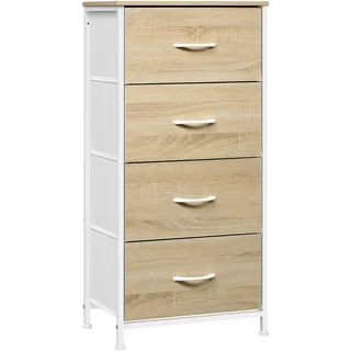 WOLTU Kommode schmal, Kommodenschrank mit 4 Schubladen aus Stoff, Sideboard Aufbewahrungskommode für Schlafzimmer Wohnzimmer Flur, industrieller Stil, Helle Eiche + Weiß, SSK011whe