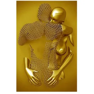 Bild Leinwand 3D-Effekt Paar, Liebe Herz Gold-Kunst Wand Poster, Abstrakte Metallfigur Skulptur Wandbilder Modern Wanddeko Wohnzimmer(Ohne Rahmen),C,70x100cm No Frame