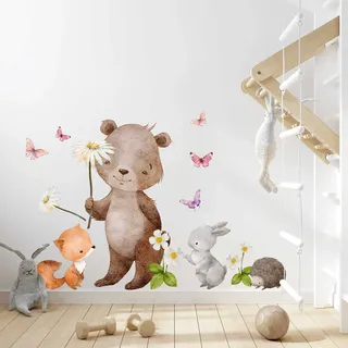 WANDKIND Waldtiere Wandtattoo Kinderzimmer V378 | handgezeichnet | AUFKLEBER Kindergarten | Babyzimmer Wandsticker Dschungel mit Bär, Fuchs und Hase (100 x 100 cm)