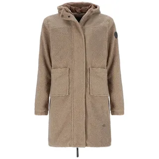 Wattlöper Wintermantel 50852SH Damen Mantel Fleecemantel Oversize aus Curly-Fleece mit Kapuze Angeschnittene Kapuze, Taftfutter, Aufgesetzte Taschen, Applikationen braun 48