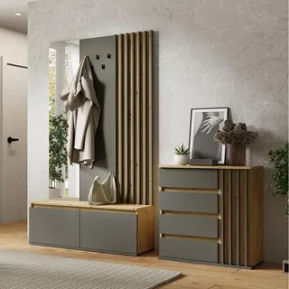 Lomadox Garderoben Set Kommode und Garderobe mit Bank Paneel Spiegel Eiche Graphit Lamellen-Design