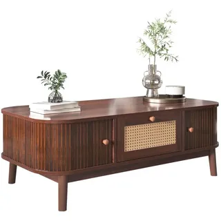 HAUSS SPOLE Couchtisch Couchtisch Kaffeetisch Sofatisch Rattan-Couchtisch (chubladen mit Rattan und Schiebetüren mit Massivholzlatten, TV-Ständer mit Rattanseiten), modernes Design