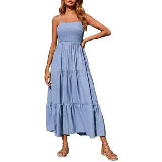 DeaAmyGline Sommerkleid Damen Lang Maxikleid Spaghetti Träger Boho Kleid Sommer Strandkleid Plissiert Bandeau Swing Trägerkleid Langes Kleider Festlich Elegant Sommerkleider Strandkleider für Frauen