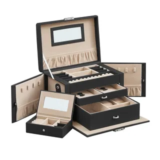 SONGMICS Schmuckkasten, Schmuckkästchen mit 2 Schubladen, abschließbarer Schmuck-Organizer mit Spiegel, herausnehmbare Reise-Box, für Ringe, Armbänder, Ohrringe, Samtfutter, schwarz JBC121B