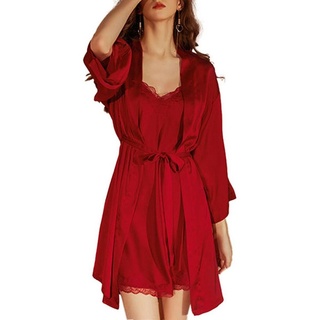 Juoungle Nachthemd Damen Pyjama Zweiteiliges Set Sommer Sexy Dessous Satin Pyjama rot