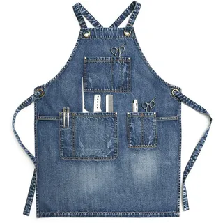 CPTDCL Unisex-Jeansschürze, blaue Denim-Schürze für Haarstylisten, Handwerker, Barista, Grillen, mit praktischen Taschen für Damen und Herren - L