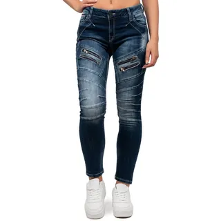 Cipo & Baxx Slim-fit-Jeans Damen Slim Fit Biker Hose Stonewashed BA-WD501 Camouflage Muster mit Aufgesetzten Reißverschlüssen blau 31