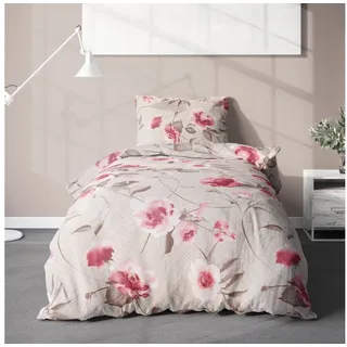LINKHOFF Bettwäsche Blumen Bettwäsche 135x200 oder 155x220 Creme Beige, Flanell Biber Bettwäsche mit Reißverschluss, Rosen Motiv, Floral braun