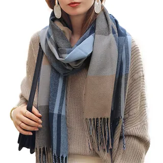 Bakicey XXL Damen schal dick strickschal karo Halstuch scarf poncho cape warm neu Winterschal Herbstschal Deckenschal weich karoschal, 3XL, LS Blue - 180 cm x 65 cm
