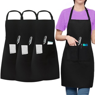 3 Stück Schwarz Koch Schürze, Verstellbare Küchenschürze mit 3 Taschen für Herren Damen, Größere Arbeit Schürze für Kellnerin, Tischler, Fleischer, Friseurin, Restaurant, Bistro, Garten (Wasserdicht)