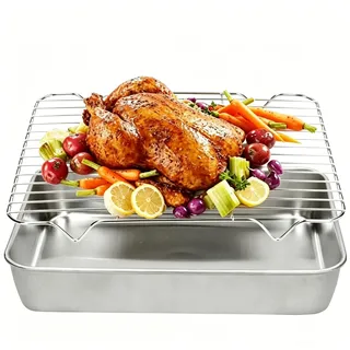 Brat Blech mit Gitter Klein, Rechteckig Antihaft Grillschale, Edelstahl Bräter mit Rost, für Backen, Grillen und Braten Truthähne, Lasagne, Fleisch, Rindfleisch, Hühnchen und Gemüse(26.5*20.5*5cm)