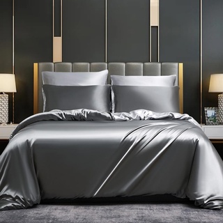 DXHOME Satin Bettwäsche Set 135x200cm 4teilig Grau Einfarbig Unifarben Anthrazit Wendebettwäsche Glatt Bettbezüge mit Reißverschluss und 2 Kissenbezügen 80×80 cm