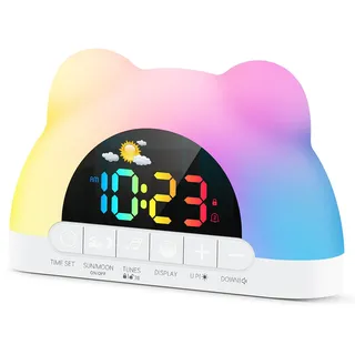 Azyh Kinderwecker, Wecker Digital für Mädchen Jungen, Schlaftrainer Kinder mit 11 RGB Farb Nachtlicht, OK zum Aufwachen der Plug-In Elektrische Wecker, 10 Soundeffekten, Dual Alarms, Snooze, 12/24