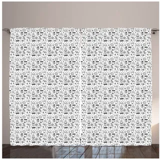 Gardine Gardinen mit Schlaufen und Haken 140 cm x 2 Vorhangbahnen, Abakuhaus, Astronaut Raumelemente und Sterne grau|weiß