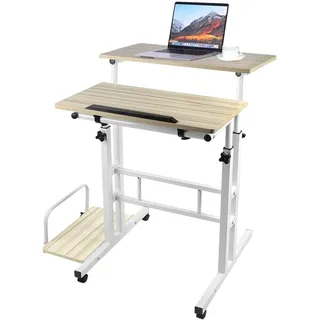 homewell Stehpult Schreibtisch mit 6 Rollen und Host-Tablett, Steh-Sitz Bürotisch, Tisch Computertisch Höhenverstellbar, PC Tisch Klein für Home Office, (60+22) x 60cm