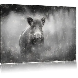 Pixxprint einsames Wildschwein im Wald, Größe: 60x40cm, Leinwandbild, fertig gespannt, Wandbild, Dekoration, Kunstdruck, kein Poster