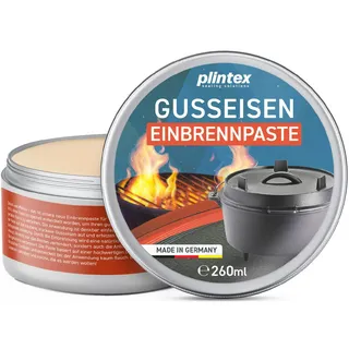 Plintex Einbrennpaste mit Traubenkern-Öl 260ml Pflegeset (Packung, [- für Dutch-Oven, Grillrost, Gusseisen Pflege, Zubehör - Grill Einbrenn-Paste, Pflegepaste für Patina gegen Anhaften & Rost)