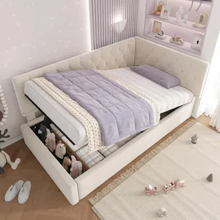 TOBIDOEN Tagesbett Daybett 90x200 cm, Schlafsofa Polsterbett mit Großer Stauraum unter dem Bett, Samtstoff Jugendbett Bettsofa Gästebett, Rückenlehne Bettgestell mit Lattenrost, ohne Matratze (Beige)