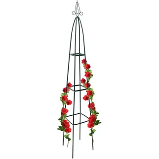 Relaxdays Rankturm Metall spitz 190 cm, Rankhilfe für Kletterpflanzen und Rosen, freistehende Ranksäule für Garten, grün 35 x 35 x 192 cm