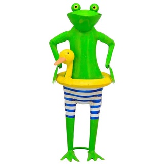 PassionMade Gartenfigur Frosch Gartenfrosch Tierfigur Deko Metall Figr Tier Dekofigur, (1 Gartenfigur), Witzige Frosch Dekofigur mit Schwimmreifen blau|grün