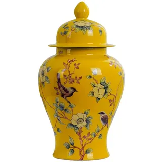 PILYON Keramik-Ingwerglas mit Deckel, Blumen-Vogel-Muster, chinesische traditionelle dekorative Vasengläser aus Porzellan, Tempelglas für Zuhause, Büro, Wohnzimmer, Tafelaufsätze,Small,Yellow