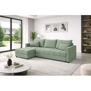 Aurelia L Wohnlandschaft Couchgarnitur Ecksofa in L-Form mit Schlaffunktion, Bettkasten und Kissen - Grün