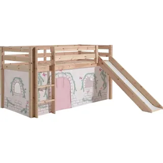 Vipack Hochbett Pino, Spielbett massiv Kiefer, stabil gebaut, 3 Korpusfarben zur Wahl (inkl. Rolllattenrost, Leiter und Absturzschutz, mit oder ohne Rutsche) Textil-Set "Astronaut", inkl. Vorhang, mit oder ohne Tunnel beige 218 cm x 210 cm x 114 cm