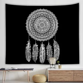 Wandteppich Traumfänger Schwarz Weiss Federn,Wandtuch Mandala Wanddeko Schlafzimmer Deko Boho Style Tapestry,Makramee Wandbehang Psychedelic Wand Tuch,230x150 cm