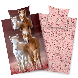 Aminata kids Bettwäsche Mädchen 135x200 Pferd - 100% Baumwolle - Kinder-Bettwäsche mit Pferde-Motiv - rosa - Reißverschluss - Wende-bettwäsche-Set Fohlen