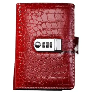 Tagebuch mit Schloss A6 A5 Binder Notizbuch Vintage Luxus Krokodil Strukturiertes Leder Tagebuch Passwort Notizen Buch mit Schloss Büro Agenda Mann Geschenk(Color:A6 Red)