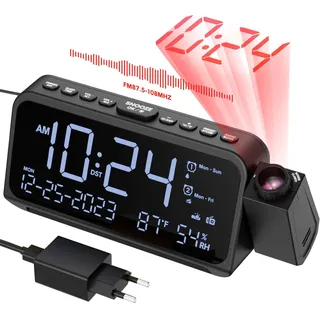 Radiowecker mit Projektion, Projektionswecker für Schlafzimmer, Typ C & USB-Anschluss, Wochentag/Wochenende, Projektionsuhr DST Dimmer/Temperatur/Datumsanzeige, Wecker Digital für Nachttisch Büro