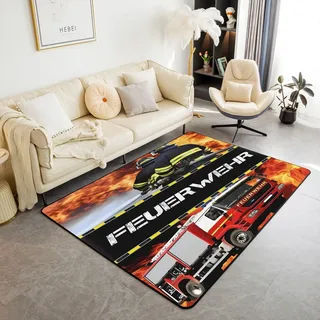 Homewish Feuerwehrmann Feuerwehr Auto Fahrzeug 150x200 Teppiche Wohnzimmer | für Jungen Mädchen Jugendliche,Feuerwehr Muster Carpet Modern Schlafzimmer Dekor Pflegeleicht Bild