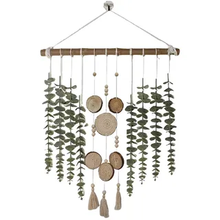 Finsink Makramee Boho Wandbehang, Wanddeko Wandteppich mit Holzperlen und simulierte Eukalyptusblätter, Makramee Wandbehang für Wohnzimmer Schlafzimmer und Studio