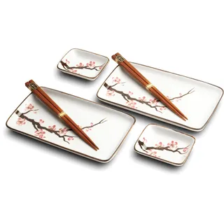 JAPAN Katze & Koi SUSHI TELLER SET | Sushi Geschirr Set | 6-teiliges Sushi-Set für 2 Personen | Sushi-Teller, Schalen und Essstäbchen in verschiedenen Asia-Tier Designs - Made in Japan (Sakura)